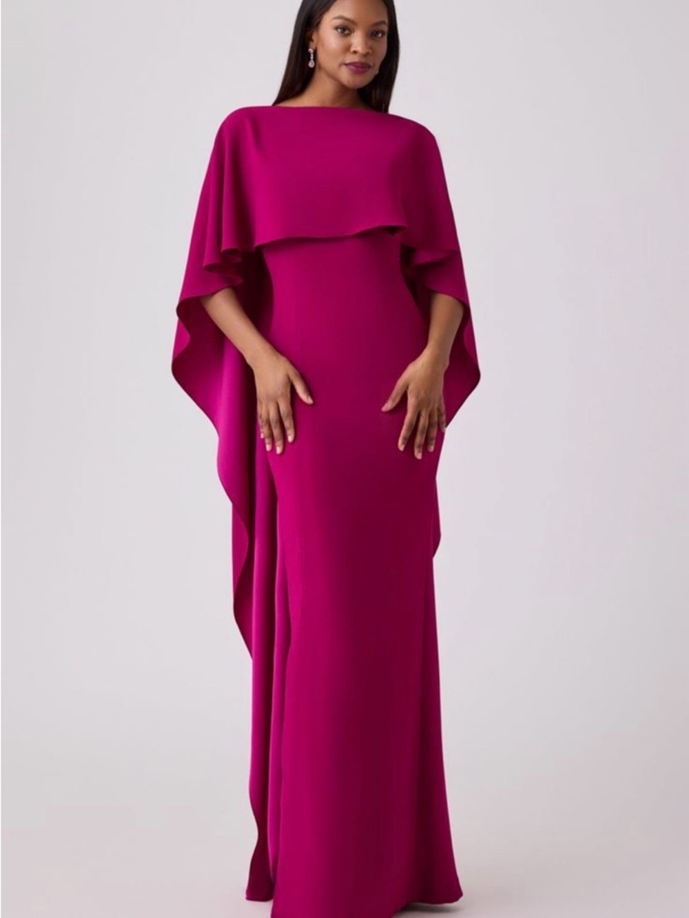 Teri Jon Fuchsia Draped Crepe Capelet Cape Maxi Gown Purple/Fuscia